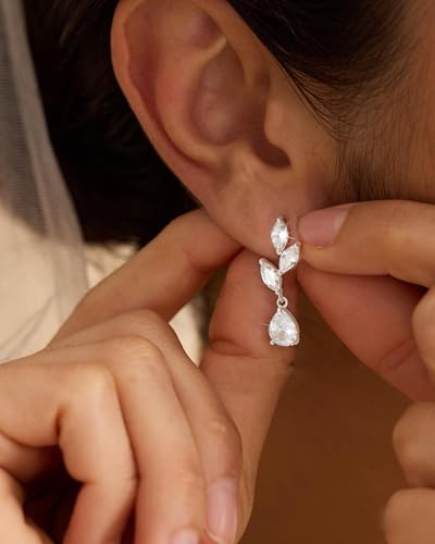14K Gold Plated/Sterling Silver CZ Pearl Drop Dangle Earrings for Women - color: Silver-Flower Drop CZ