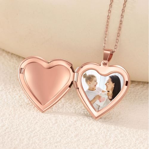 PHOCKSIN Personalized Locket Necklace for Women Photo Necklace with Customized Picture Birth Flower Birthstone Customizable Birthday Gifts - color: #06-Heart Rose Gold