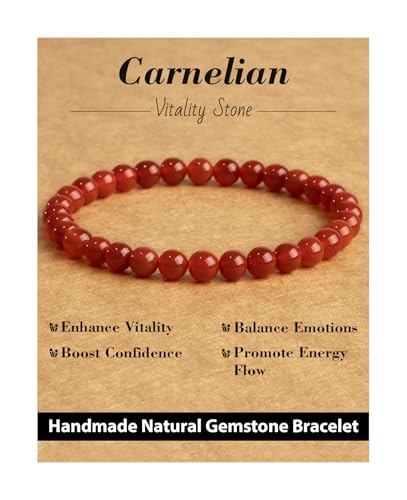 Natural Stone Beaded Bracelets for Men Women, 4mm 6mm 8mm | Healing Crystal, Protection Gemstone, Gift Packaging with Energy Card, Stretch Jewelry, Replacement Beads Included, 18 Stone - color: Carnelian(Luck & Vitality), size: 6mm