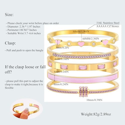 Camhanno Pink Heart Bangle Bracelets for Women - 18K Gold Plated Stackable Stainless Steel, Friendship & Love Jewelry Gift for Her - color: Pink