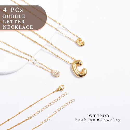 stino 4PCs Bubble Initial Letter Necklace Set, No Tarnish 14K Gold Plated Alphabet Pendant, Jewelry for Women - style: C