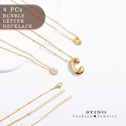 stino 4PCs Bubble Initial Letter Necklace Set, No Tarnish 14K Gold Plated Alphabet Pendant, Jewelry for Women - style: C