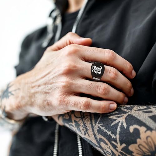 Custom Signet Ring for Men Personalized Initial Ring Custom Mens Rings Engraved Ring Customized Memorial Graduation Gifts for Father Husband Boyfriend Friends - color: Round Black