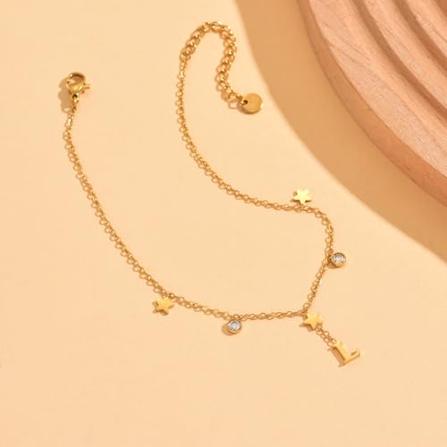 Initial Anklet for Women, 18K Gold Plated Waterproof Ankle Bracelet, Star CZ Letter A-Z Personalized Beach Foot Jewelry - color: L