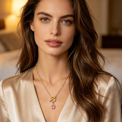 Teardrop CZ Pendant Paperclip Chain Necklace 18K Plated Paperclip Toggle Necklace Jewelry Birthstone Gift for Women - color: Pink Crystal-October