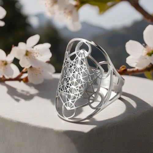 Metatron's Cube Ring Angel Seal Archangel Metatron Cube Protection Statement Hollowed Out Womens Stainless Steel Open Band Ring Jewelry - color: Silver