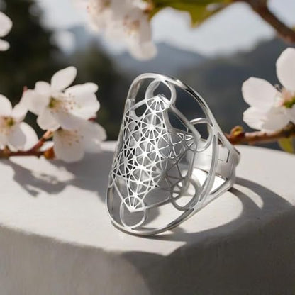 Metatron's Cube Ring Angel Seal Archangel Metatron Cube Protection Statement Hollowed Out Womens Stainless Steel Open Band Ring Jewelry - color: Silver