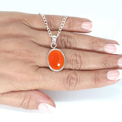Chunky Natural Gemstone Pendant Necklace For Women Onyx, Turquoise, Amber, Garnet Oval Boho Genuine 925 Sterling Silver Handmade Jewelry - color: Carnelian