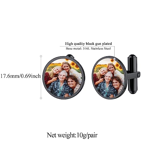 FindChic Stainless Steel Round Cufflinks with Custom Text/Picture/Monogram Letters 18K Gold Plated/Black Color for Men Groom Suits Shirts, with Gift Box - style: 02. custom photo-round (black)