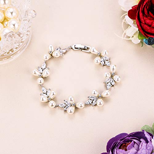EVER FAITH Cubic Zirconia Pearl Bridal Prom Tennis Bracelet for Women | Elegant Pear CZ Wedding Jewelry Gift, for Bride Bridesmaid - style: Leaf_Silver-Plated-Brass