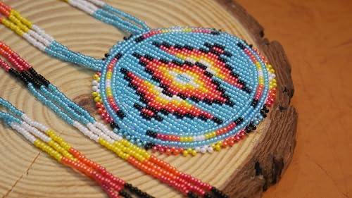 Handmade Native American Style Tribal ethnic Seed Bead Beaded Layered Medallion Necklace - color: Sky-Blue Geometric