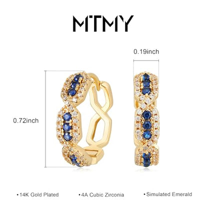 Huggie Hoop Earrings 14K Gold Plated Cubic Zirconia Dainty Simple Cute Beads Elegant CZ Circle Small Hoop Earring for Women Minimalist Handmade Hypoallergenic Jewelry - color: CZ-Blue