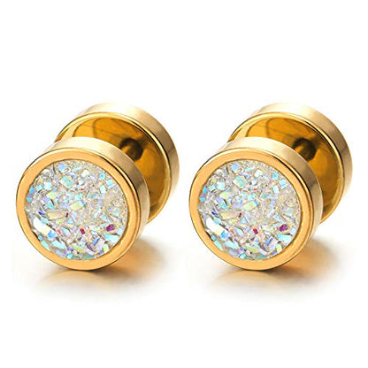 10mm Women Mens Black Circle Stud Earrings Black Glitter, Steel Cheater Fake Ear Plugs Gauges Tunnel - color: Metal color: Gold; Stone color: Colorful-01