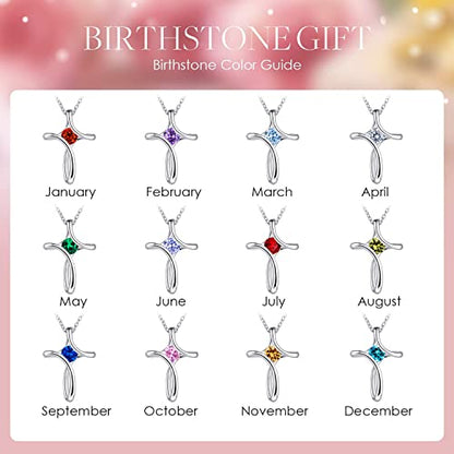 Cross Necklace for Women 925 Sterling Silver Birthstone Necklace for Women | Silver Necklaces with Diamond Sideways Birthstone Jewelry Gifts for Women 45+3cm Adjustable Chain - color: 10-Oct-Tourmaline