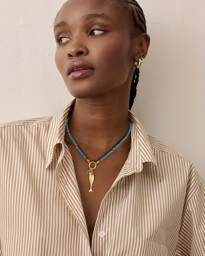 Chunky Gold Fish Pendant Necklace For Women Long Silk Scarf Turquoise Strand Necklace With Fish Pendants Boho Beach Shell Statement Necklaces - style: Blue Bead