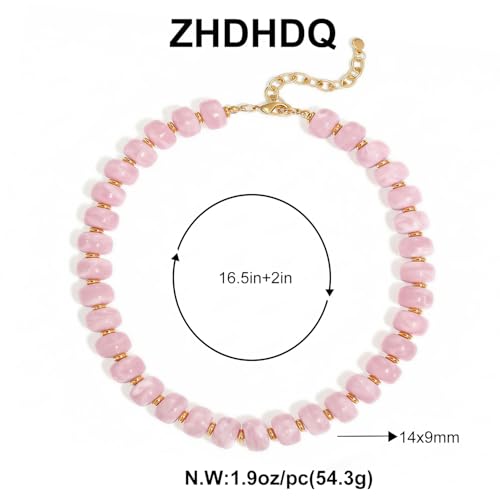 Chunky Beaded Necklace for Women, Colorful Boho Statement Necklace, Gold Chunky Resin Large Bead Necklace, Waterproof Summer Beach Jewelry Gifts for Women - color: Pink