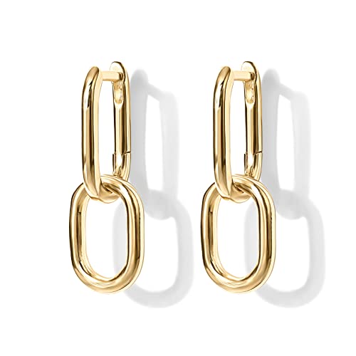 PAVOI 14K Gold Plated Convertible Paperclip Earrings for Women - Trendy Paper Clip Link Huggie Hoop Earrings - Chain Link Drop Dangle Hoops with Cubic Zirconia - Two-Toned Statement Jewelry - style: Plain