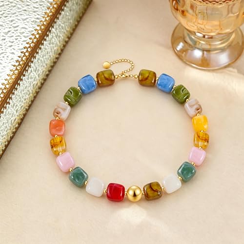 VIBILIA Boho Beaded Chunky Statement Necklace for Women Y2K Summer Jewelry | Boho Handmade Large Resin Bead Strand, Trendy Statement Summer Vacation Holiday Jewelry - color: Square-Colorful
