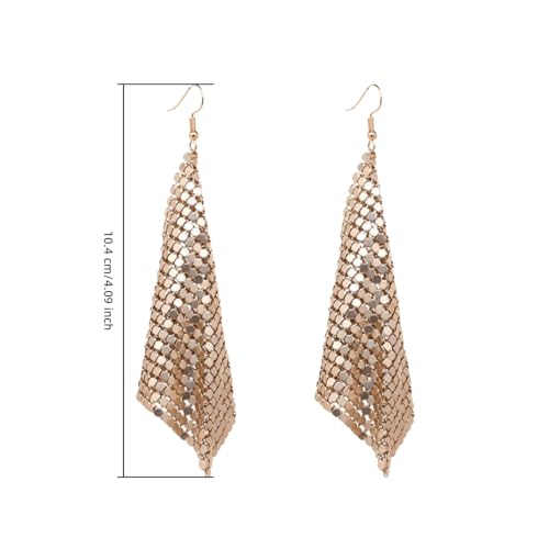 Mesh Sequin Tassel Long Drop Earrings for Women, Lightweight Metal Grid Fringe Dangle Earrings, Colorful Sparkly Alloy Wedding Bridal Party Jewelry (1 pair) - color: Gold