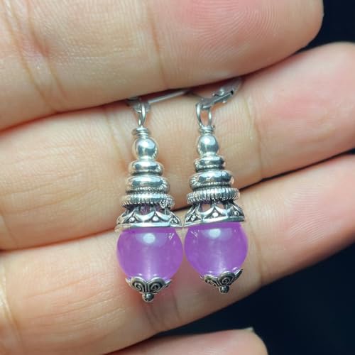 Natural 10mm Stone Beads Drop Earrings,Retro Silver Round Quartz Crystal Gemstone Beads Dangle Earrings for Women - color: A03_Purple Quartz Jasper