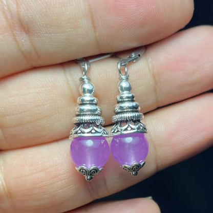 Natural 10mm Stone Beads Drop Earrings,Retro Silver Round Quartz Crystal Gemstone Beads Dangle Earrings for Women - color: A03_Purple Quartz Jasper