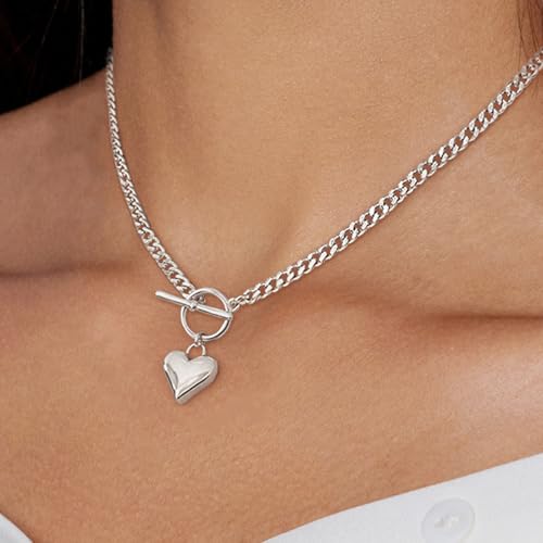 Airmb Heart Necklace for Women Gold/Silver Plated Trendy Heart Choker Lover Pendant Hypoallergenic Fashion Gold/Silver Necklace for Women Love Jewelry Gift for Women Girlfriend - color: Cuban-Chain-Silver