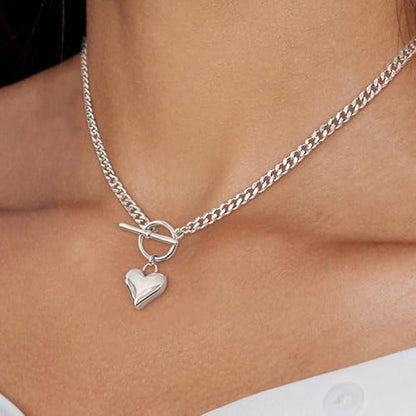 Airmb Heart Necklace for Women Gold/Silver Plated Trendy Heart Choker Lover Pendant Hypoallergenic Fashion Gold/Silver Necklace for Women Love Jewelry Gift for Women Girlfriend - color: Cuban-Chain-Silver