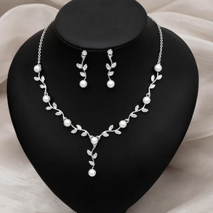 Elegant Bridal Jewelry Sets for Wedding Bride Leaf Shape Cubic Zirconia Necklace Earrings Bracelet Set Prom Costume Accessories - color: White CZ+White Pearl- Platinum