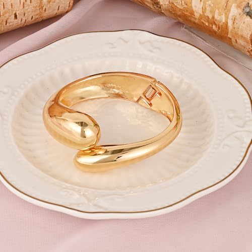 Gold Polished Chunky Twisted Hinged Waterdrop Bangle Bracelet Trendy Chunky Adjustable Gold Bangle for Women Spiraled Oval Bracelet