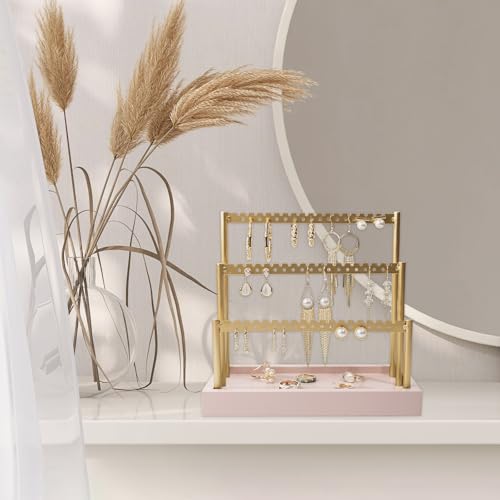 SANY DAYO HOME 3-Tier Earring Holder Organizer Stand, 105 Holes Gold Metal Earring Rack Jewelry Display Tree with Pink Wood Tray for Women and Girls - color: Gold Rack Pink Base