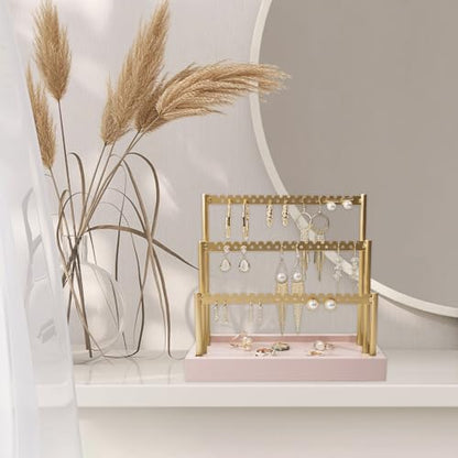 SANY DAYO HOME 3-Tier Earring Holder Organizer Stand, 105 Holes Gold Metal Earring Rack Jewelry Display Tree with Pink Wood Tray for Women and Girls - color: Gold Rack Pink Base