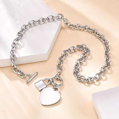 VNOX Personalized Initial Name Stainless Steel Trendy Cable Chain Bracelet Neckalce Set with Padlock Heart Charm and Toggle Clasp Closure - color: Silver Necklace