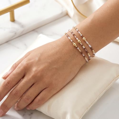 Small Seed Beaded Stack Bracelets Set for Women,Boho Handmade 3Pcs Colorful Glass Gold Stretch Accessories Jewelry, Summer Beach Wear Holiday Friendship Gift - color: Brown