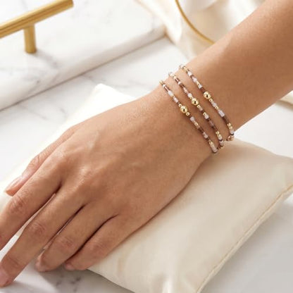Small Seed Beaded Stack Bracelets Set for Women,Boho Handmade 3Pcs Colorful Glass Gold Stretch Accessories Jewelry, Summer Beach Wear Holiday Friendship Gift - color: Brown