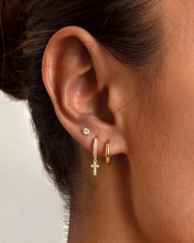 Freekiss 3 Pairs Hoop Earrings Set - Dainty Stud Dangle Cartilage for Women | Hypoallergenic Earrings, Cubic Zirconia Stackable Trendy Small Set Jewelry Gifts for Women - style: Cross Set-gd