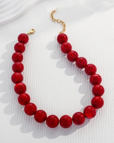 Chunky Beaded Choker Necklace for Women Boho Statement Necklace with Large Pearl Blue Brown Tone Resin Beads Summer Beach Jewelry Gifts - color: Red