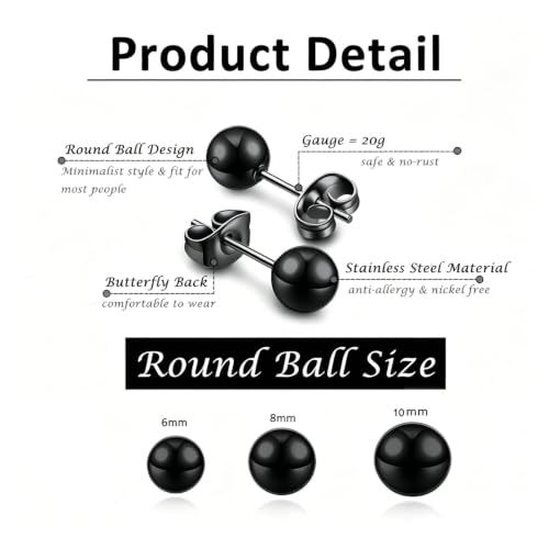 3/4 Pairs Stainless Steel Ball Stud Earrings, High Polished Round Ball Earrings Set for Women & Men 4-10mm - color: Black