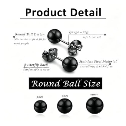 3/4 Pairs Stainless Steel Ball Stud Earrings, High Polished Round Ball Earrings Set for Women & Men 4-10mm - color: Black