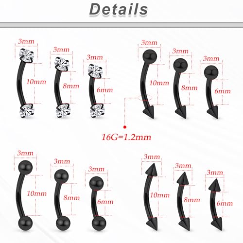 16G Eyebrow Rings Rook Piercing Jewelry 316L Surgical Steel Curved Barbells Vertical Lip labret Snake Eyes Piercing Jewelry Tongue Small Belly Ring 6mm 8mm 10mm Silver Black Gold - color: Black