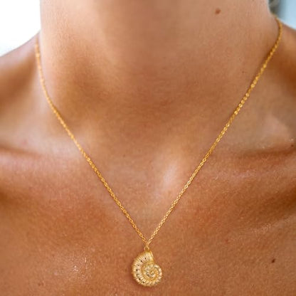 Dainty Gold Necklace: 14k Gold Plated Dianty Boots Bow Sun Moon Horse Evil Eye Conch Seahorse Necklace for Women 16.5"+2" - color: Nautilus