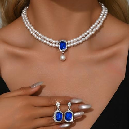 Pearl Necklace and Earring Jewelry Set for Women,Fake Pearls Necklace White Pearl Rhinestone Choker for Prom Wedding Birthday Bridal Bridesmaid Costume Accessories