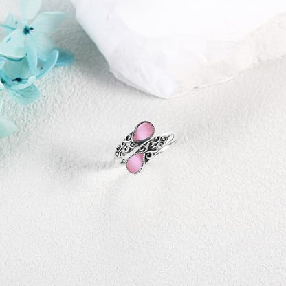 Ring for Women Sterling Silver Adjustable Band Open Rings Jewelry Gifts for Girls - style: pink opal