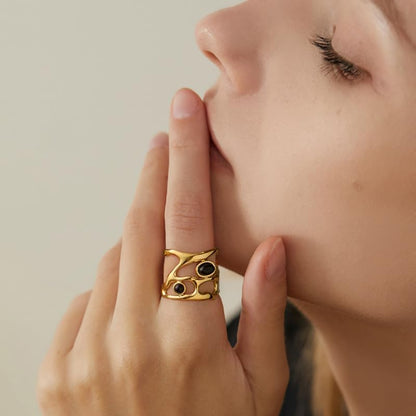 Western Captivating Tiger's Eye Stone Ring,Solitaire 8 * 10mm Oval Cut Gemstone 18K Gold Plated Stack 13mm Wide Ribbed Texture Band Statement Ring for Women - style: Tiger's Eye C