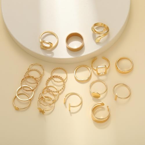 Gold Plated Knuckle Rings Set For Women,Vintage Stackable Joint Finger Midi Rings Dainty Simple Twist Hollow Rings Pack,Aesthetic Adjustable Y2K Punk Stacking Rings Jewelry Accessories - style: 20Pcs B-Gold