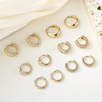 HILXURY 6 Pairs Small Gold Huggie Hoop Earrings for Women, 14K Gold Plated Cartilage Piercings Hoop Earrings Hypoallergenic, Trendy Lightweight Chunky Hoops Set for Women Gifts. - color: D- Gold