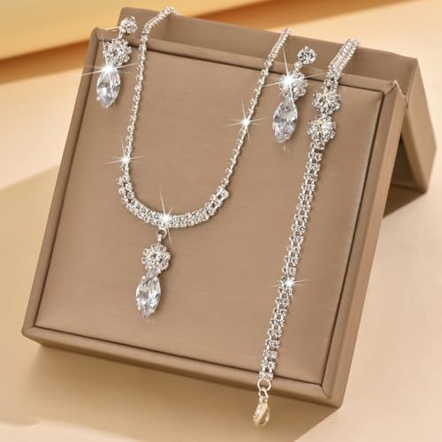 MIFYNN Rhinestone Wedding Set for Women Sparkle Crystal Earrings Necklace Bracelet Jewelry Set Wedding Party Prom Jewelry Set for Brides Bridesmaid - color: Silver5
