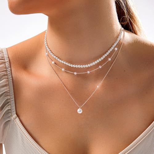 Zeffy Gold Pearl Necklace for Women, Dainty 14K Gold/Silve Plated Layered Pearl Choker Pearl Earrings Pearl Bracelets Wedding Trendy Gold Jewelry Set for Women Gifts - style: Silver Pearl Necklace-3PCS