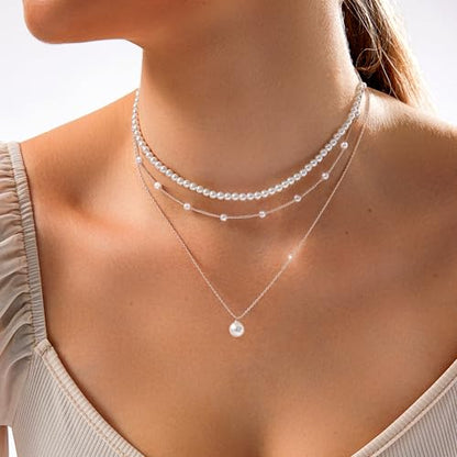 Zeffy Gold Pearl Necklace for Women, Dainty 14K Gold/Silve Plated Layered Pearl Choker Pearl Earrings Pearl Bracelets Wedding Trendy Gold Jewelry Set for Women Gifts - style: Silver Pearl Necklace-3PCS