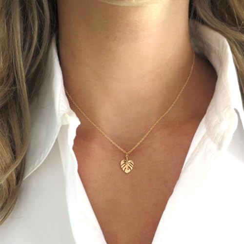 HANLI 14K Gold Plated Necklaces for Women - Dainty Butterfly, Star of David, Moon and Star, Sun, Lotus, Infinity, Hummingbird, Bee,Boots,Chill,Sunflower Pendant Designs - Elegant Jewelry for Women - color: Monstera Leaf