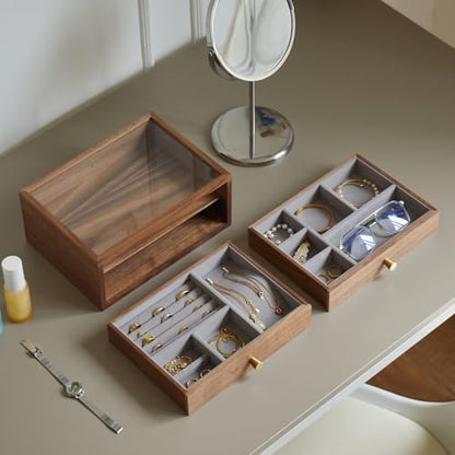 Black Walnut Jewelry Organizer, 2 Layer | Wooden Jewelry Box, For Women, For Necklaces Ring Earring - size: 2 Layer
